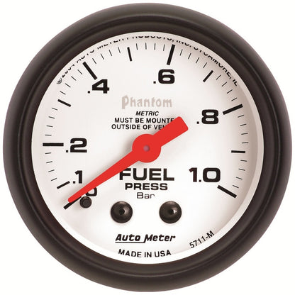 Autometer Phantom 2-1/16in 0-1.0 Bar Mechanical Fuel Pressure Gauge 5711-M