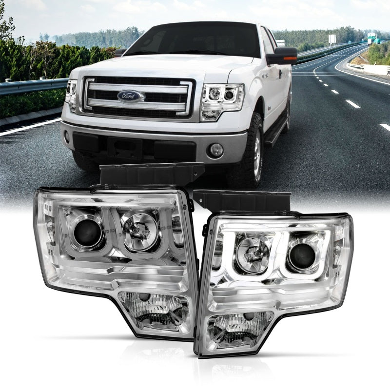 ANZO 2009-2014 Ford F-150 Projector Headlights w/ U-Bar Chrome - eliteracefab.com