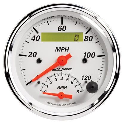 AutoMeter Gauge Tach/Speedo 3-3/8in. 120MPH & 8K RPM Elec. Program. Arctic White 1381