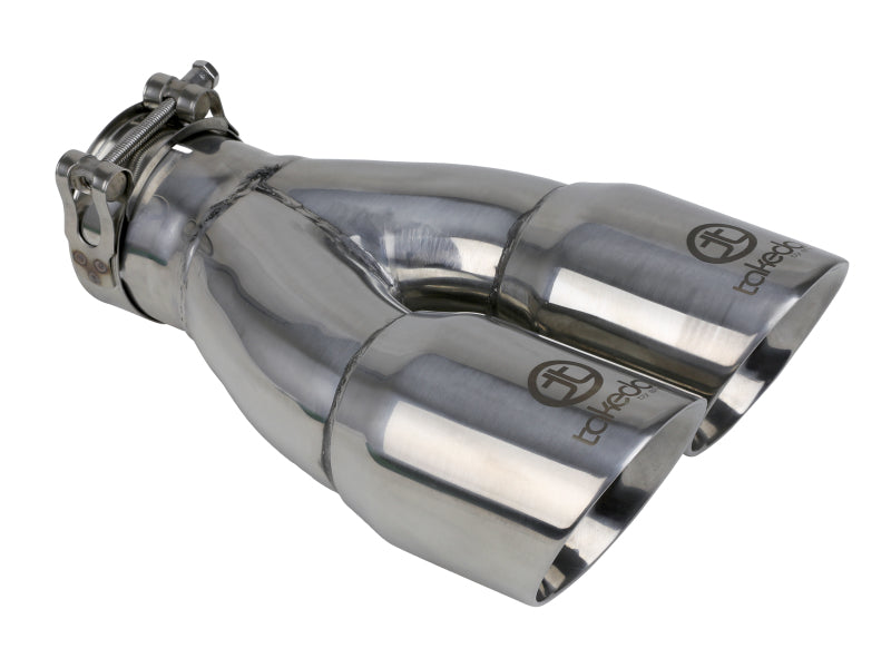 aFe Takeda 2.5in 304 Stainless Steel Clamp-on Exhaust Tip 2.5in Inlet 3in Dual Outlet - Polished aFe