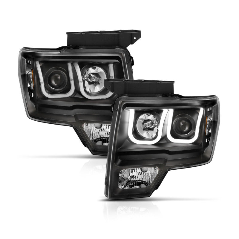 ANZO 2009-2014 Ford F-150 Projector Headlights w/ U-Bar Switchback Black w/ Amber - eliteracefab.com