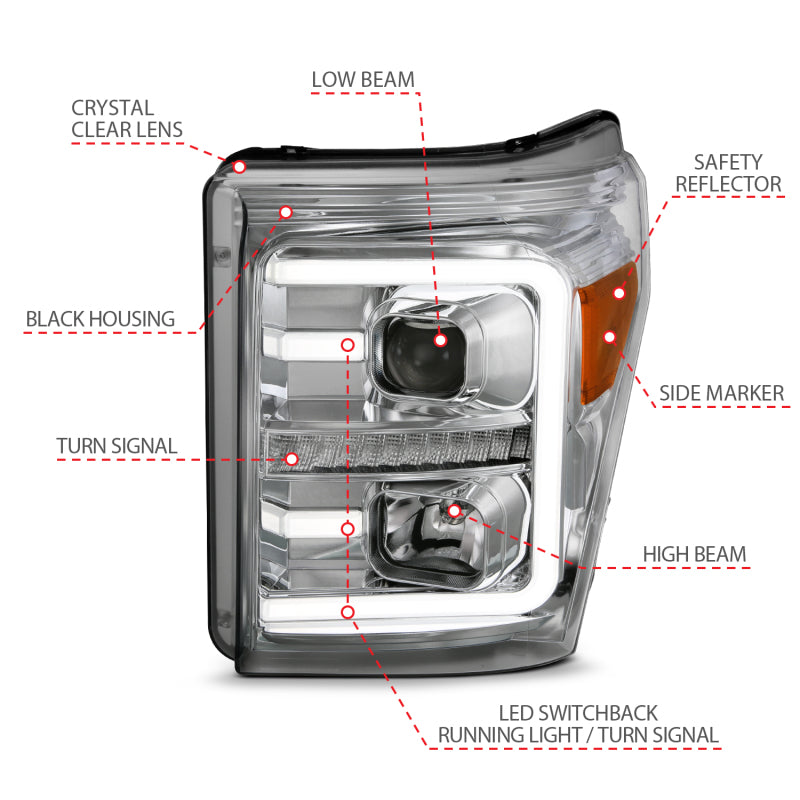 ANZO 11-16 Ford F-250/F-350/F-450 Projector Headlights w/ Plank Style Switchback Chrome w/Amber - eliteracefab.com