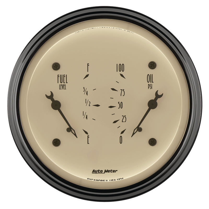 AutoMeter Gauge Dual Fuel & Oilp 3-3/8in. 0 Ohm(e) to 90 Ohm(f)& 100PSI Elec Antq Beige 1824