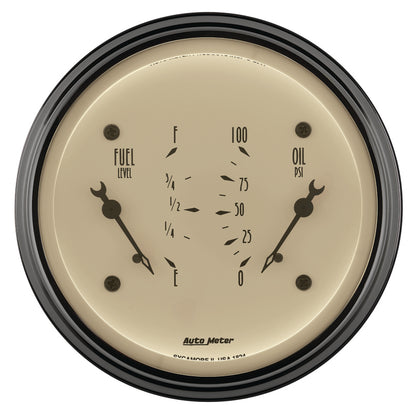 AutoMeter Gauge Dual Fuel & Oilp 3-3/8in. 0 Ohm(e) to 90 Ohm(f)& 100PSI Elec Antq Beige 1824