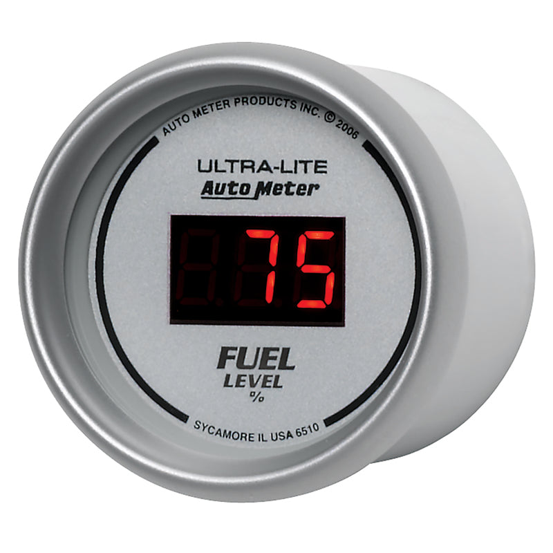 Autometer Ultra-Lite Digital 2-1/16in 0-280 OHM Silver Dial w/ Red LED Programmable Fuel Level Gage 6510