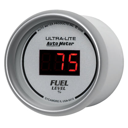 Autometer Ultra-Lite Digital 2-1/16in 0-280 OHM Silver Dial w/ Red LED Programmable Fuel Level Gage 6510