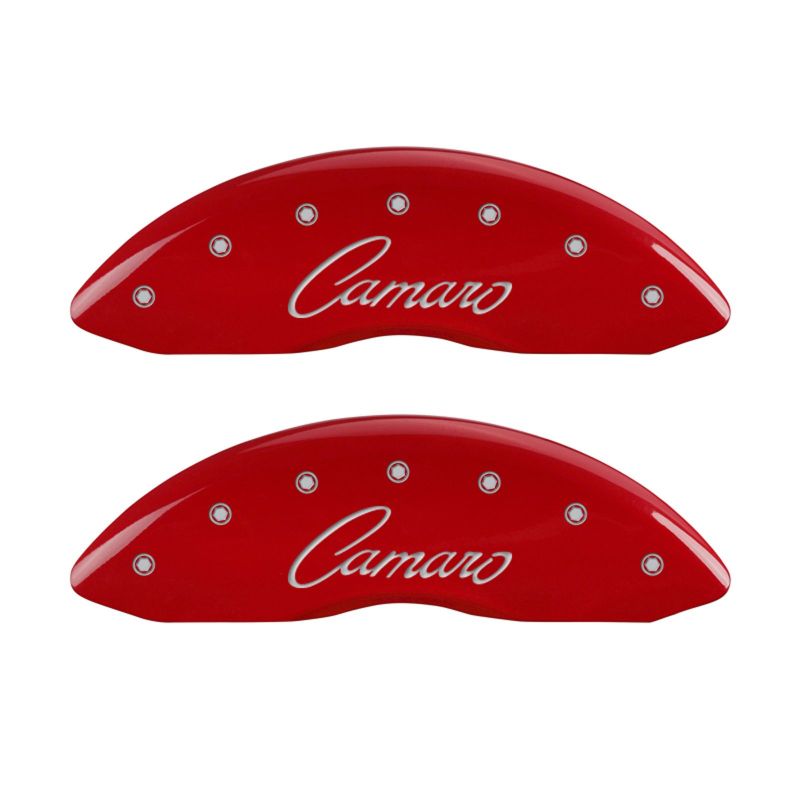 MGP 4 Caliper Covers Engraved Front & Rear Cursive/Camaro Red finish silver ch - eliteracefab.com