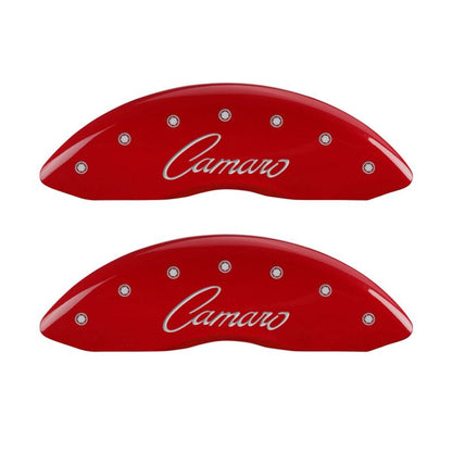 MGP 4 Caliper Covers Engraved Front & Rear Cursive/Camaro Red finish silver ch - eliteracefab.com