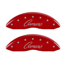 Load image into Gallery viewer, MGP 4 Caliper Covers Engraved Front &amp; Rear Cursive/Camaro Red finish silver ch - eliteracefab.com