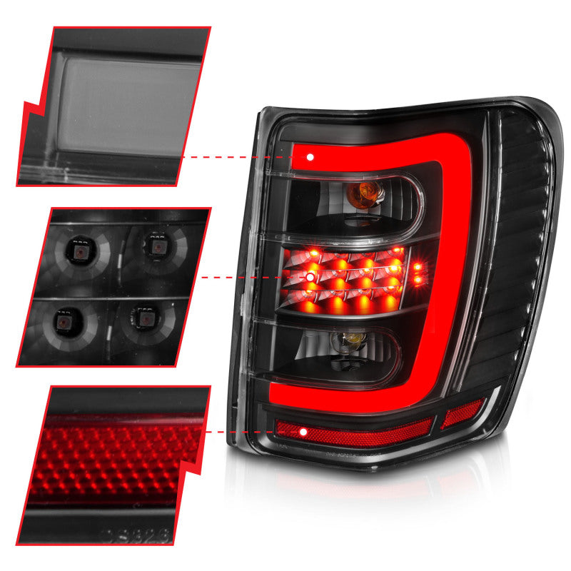 ANZO 1999-2004 Jeep Grand Cherokee LED Tail Lights w/ Light Bar Black Housing Clear Lens - eliteracefab.com