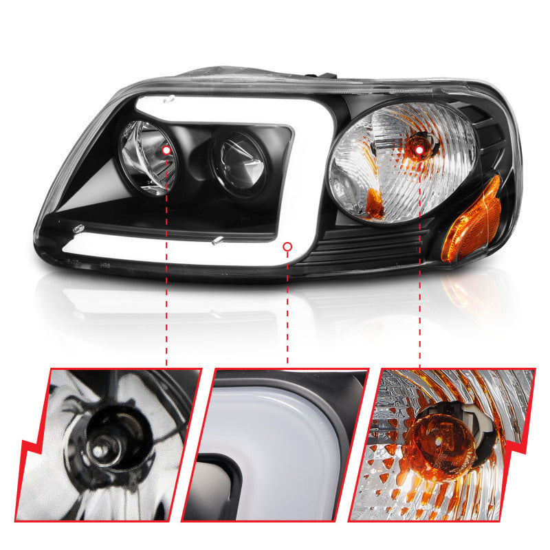 ANZO 1997-2003 Ford F-150 Projector Headlights w/ Light Bar Black Housing - eliteracefab.com