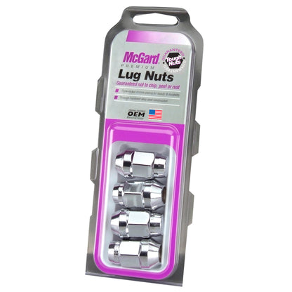 McGard Hex Lug Nut (Cone Seat Bulge Style) M12X1.5 / 3/4 Hex / 1.45in. Length (4-Pack) - Chrome - eliteracefab.com