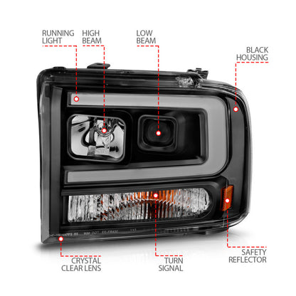 ANZO 99-04 Ford F250/F350/F450/Excursion (excl 99) Projector Headlights - w/ Light Bar Black Housing ANZO