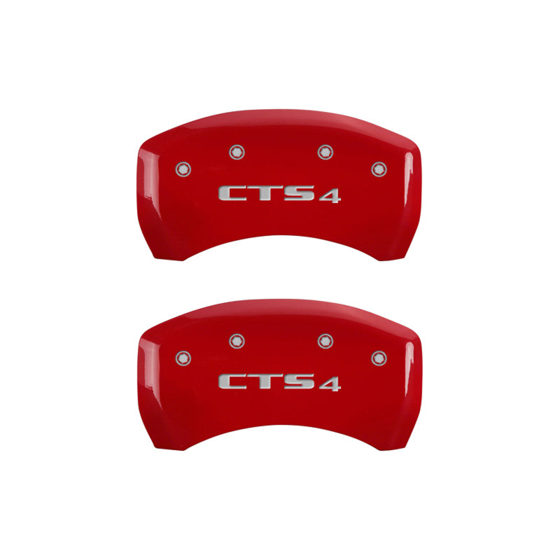 MGP 4 Caliper Covers Engraved Front Cursive/Cadillac Engraved Rear CTS4 Red finish silver ch MGP