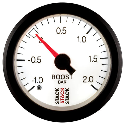 Autometer Stack 52mm -1 to +2 Bar T-Fitting 0.187in Barb (M) Mechanical Boost Pressure Gauge - White ST3161