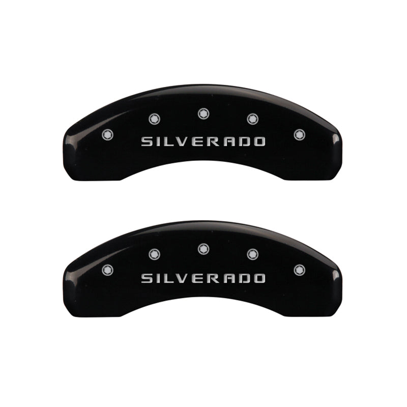 MGP 4 Caliper Covers Engraved Front & Rear Silverado Black finish silver ch MGP