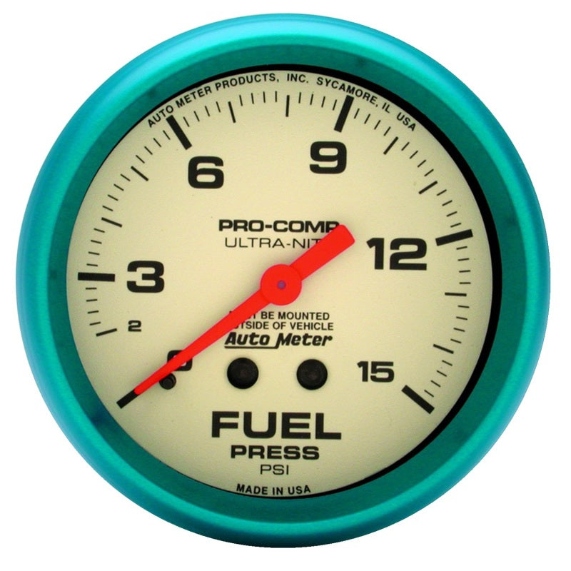 AutoMeter Gauge Fuel Press 2-5/8in. 15PSI Mech. Glow In The Dark Ultra-Nite 4511