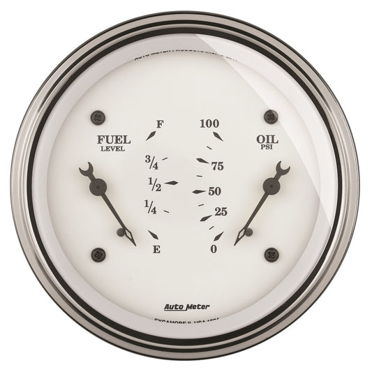 AutoMeter Gauge Dual Fuel & Oilp 3-3/8in. 240 Ohm(e) to 33 Ohm(f) & 100PSI Elec Old Tyme Wht 1613