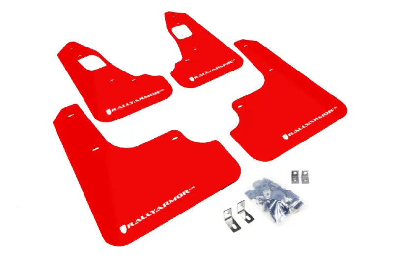 Rally Armor UR Mudflaps Urethane - Mitsubishi Evo X 2008-2015 - Red/White - eliteracefab.com