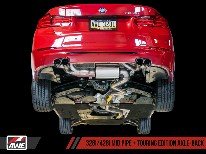 AWE Tuning BMW F3X N20/N26 328i/428i Touring Edition Exhaust Quad Outlet - 80mm Diamond Black Tips - eliteracefab.com