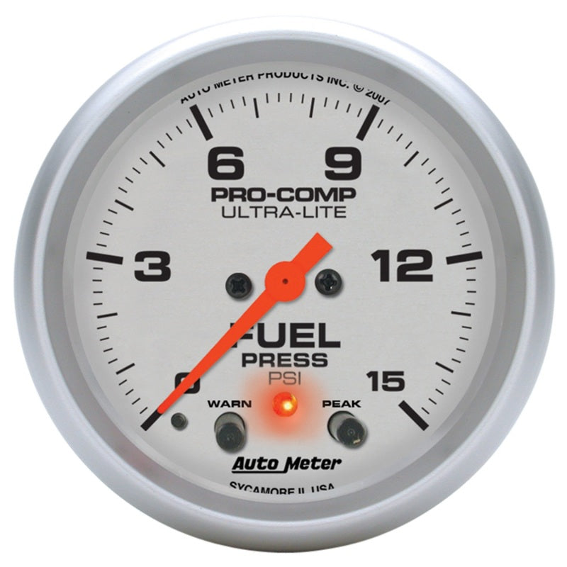 Autometer Ultra-Lite 66.7mm Full Sweep Elec 0-15 PSI Fuel Pressure w/ Peak Memory & Warning Gauge 4470