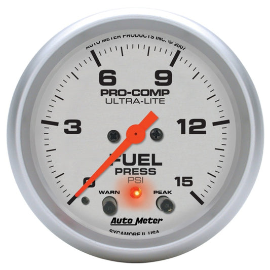 Autometer Ultra-Lite 66.7mm Full Sweep Elec 0-15 PSI Fuel Pressure w/ Peak Memory & Warning Gauge 4470