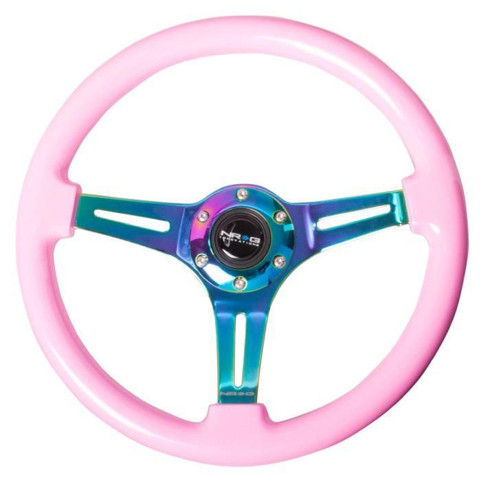 NRG Classic Wood Grain Steering Wheel 350mm Neochrome 3-Spokes Neon Pink - eliteracefab.com