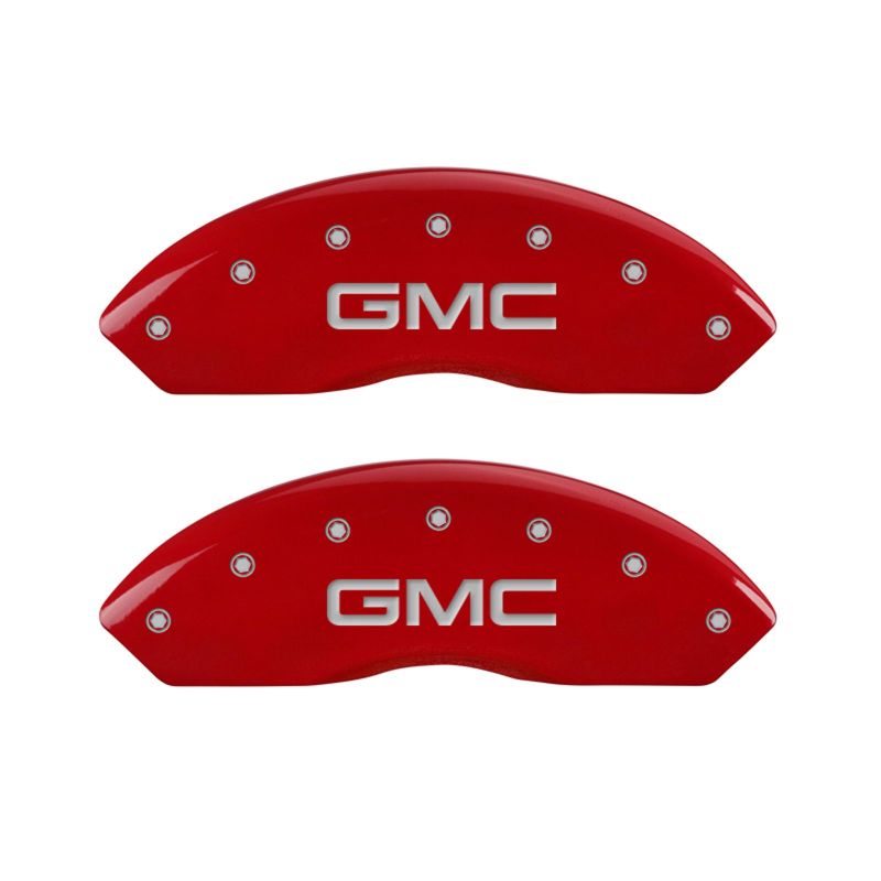 MGP Front set 2 Caliper Covers Engraved Front GMC Red finish silver ch MGP