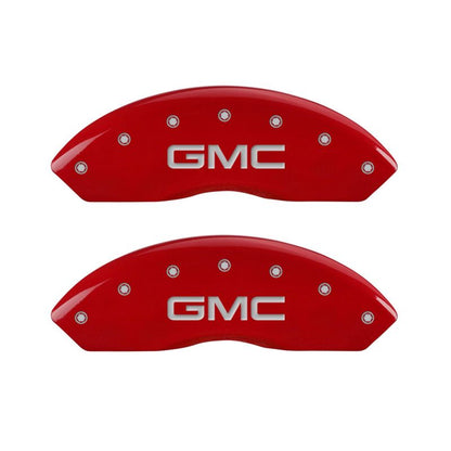 MGP Front set 2 Caliper Covers Engraved Front GMC Red finish silver ch MGP