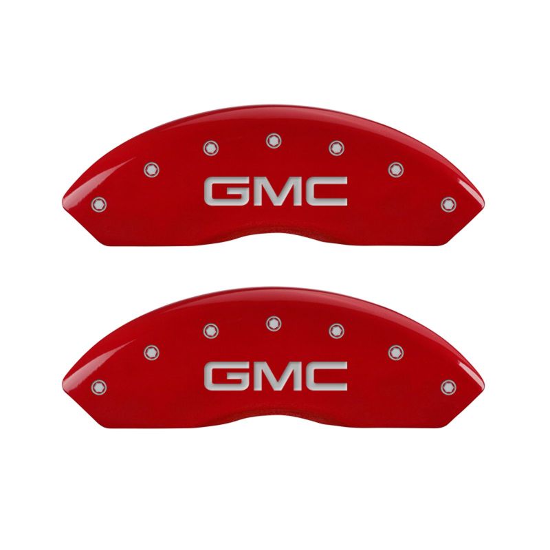 MGP Front set 2 Caliper Covers Engraved Front GMC Red finish silver ch