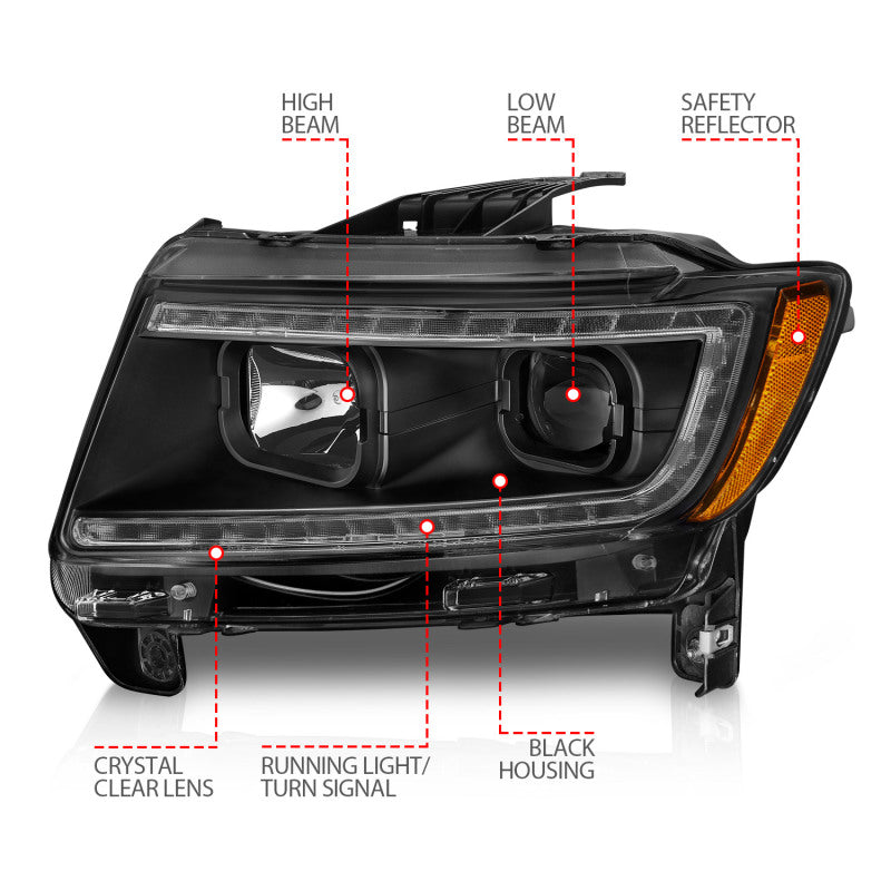 ANZO 11-13 Jeep Grand Cherokee (Factory Halogen Only) Projector Headlights w/Light Bar Swtchbk Black - eliteracefab.com