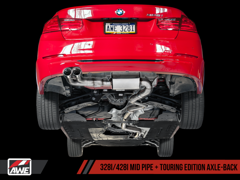 AWE Tuning BMW F3X 28i / 30i Touring Edition Axle-Back Exhaust Single Side - 80mm Silver Tips - eliteracefab.com