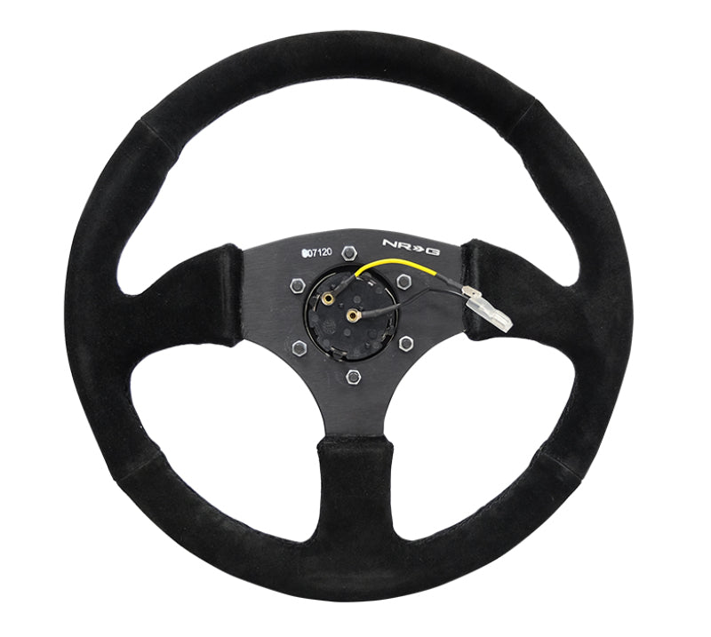 NRG Reinforced Steering Wheel 350mm Sport Suede Racing 2.5 Inch Deep Comfort Grip, 5mm thick matte black spoke - eliteracefab.com