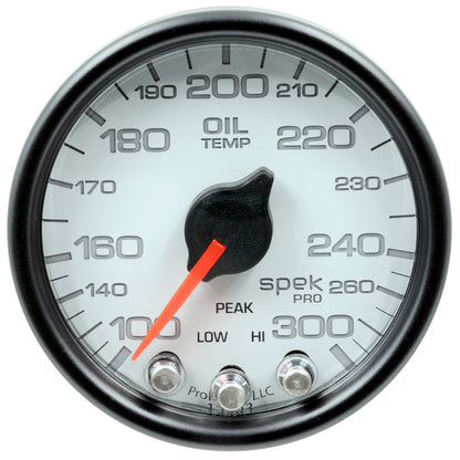 Autometer Spek-Pro Gauge Oil Temp 2 1/16in 300f Stepper Motor W/Peak & Warn Wht/Blk P32212