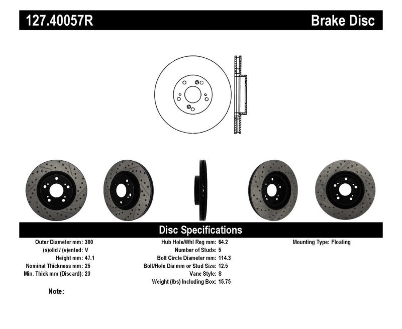 STOPTECH 02-06 ACURA RSX TYPE S / 06-09 HONDA CIVIC SI SLOTTED & DRILLED RIGHT FRONT ROTOR, 127.40057R - eliteracefab.com