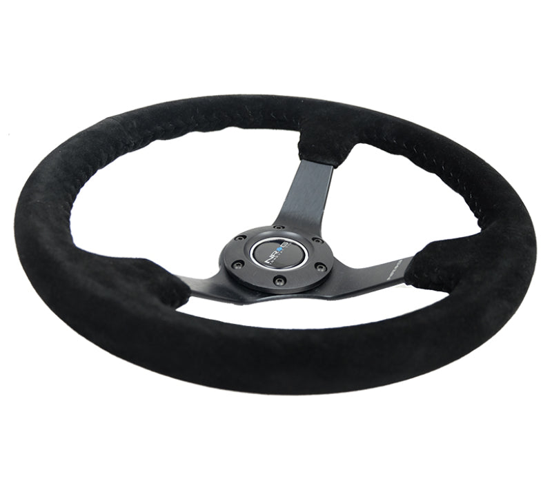 NRG Reinforced Sport Steering Wheel 350mm 3 Inch Deep 5mm Matte Black Spoke Black Suede Black Baseball Stitching - eliteracefab.com