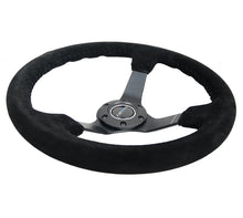 Load image into Gallery viewer, NRG Reinforced Sport Steering Wheel 350mm 3 Inch Deep 5mm Matte Black Spoke Black Suede Black Baseball Stitching - eliteracefab.com