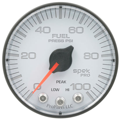 Autometer Spek-Pro Gauge Fuel Press 2 1/16in 100psi Stepper Motor W/Peak & Warn Wht/Blk P314128