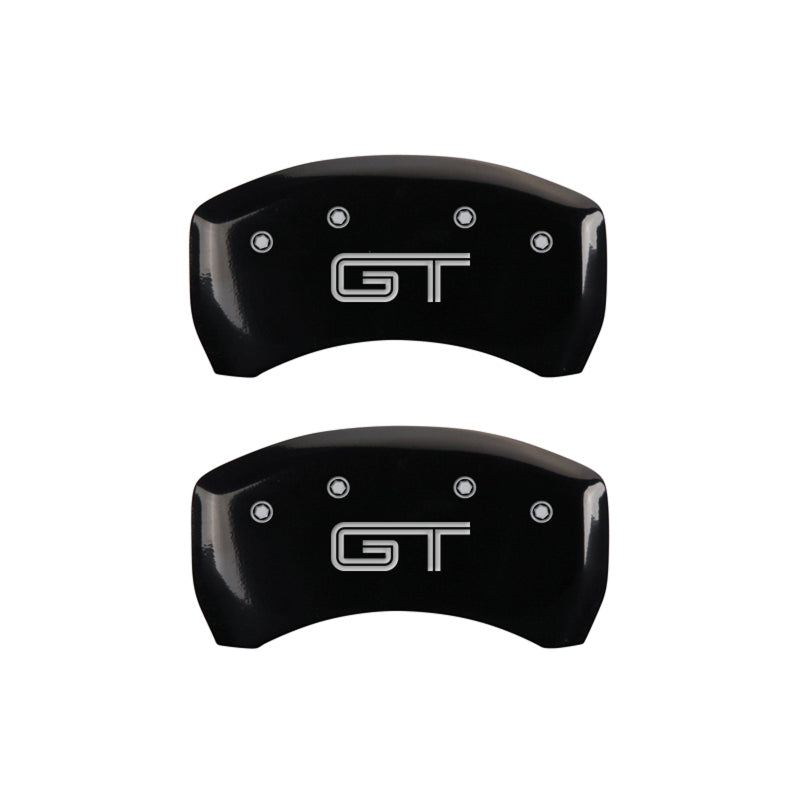 MGP 4 Caliper Covers Engraved Front Mustang Engraved Rear GT Black finish silver ch MGP