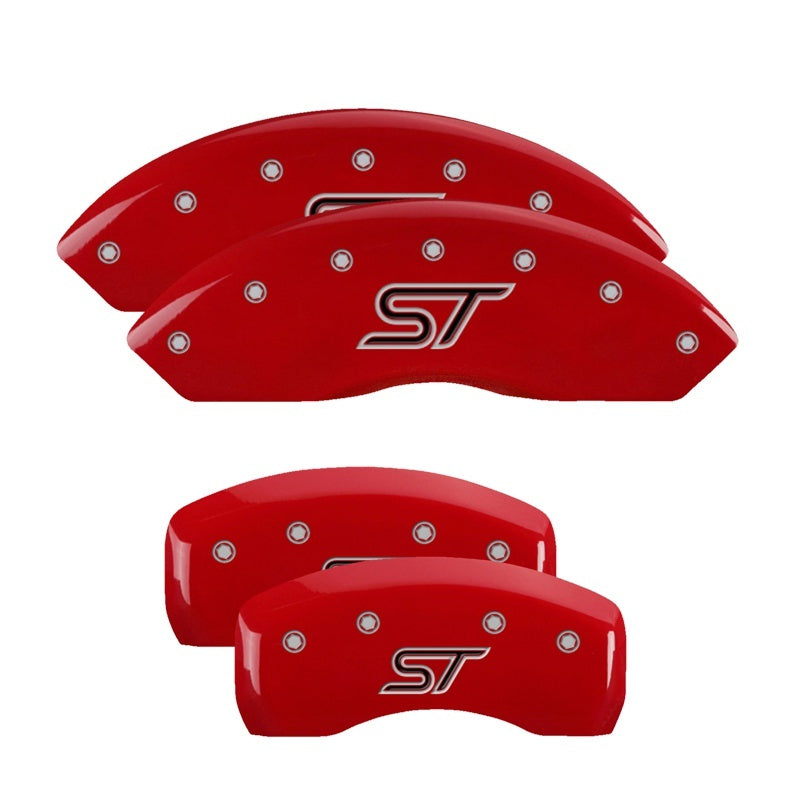 MGP 4 Caliper Covers Engraved Front & Rear Oval logo/Ford Red finish silver ch - eliteracefab.com