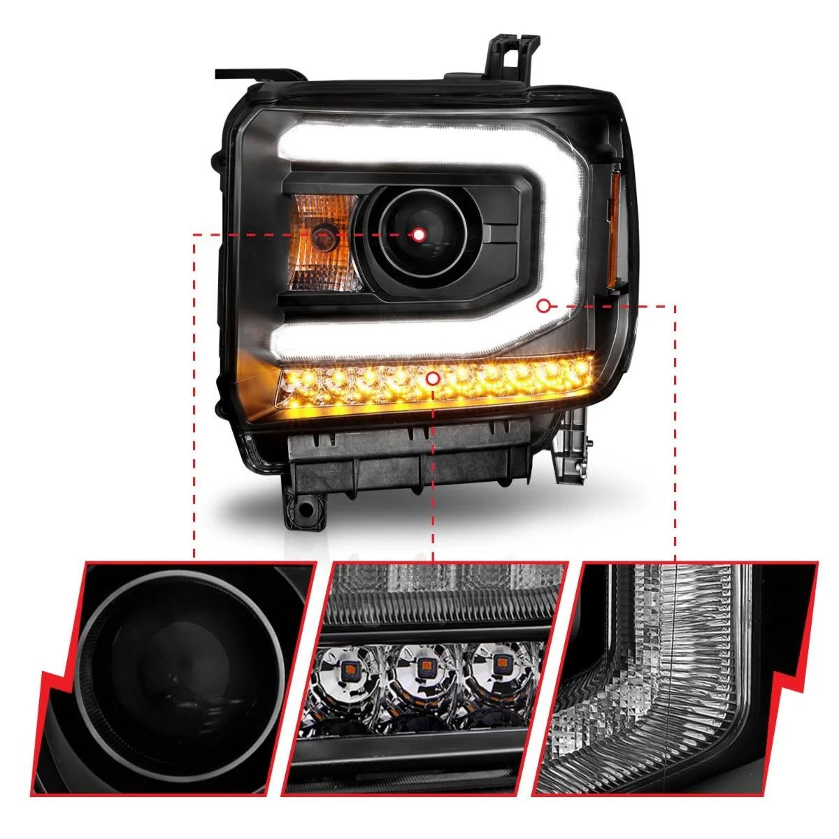 ANZO 2014-2015 GMC Sierra 1500 Projector Headlights w/ Light Bar Black Housing (Halogen Type) - eliteracefab.com