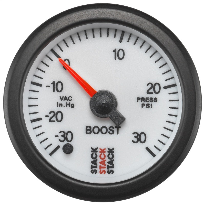 Autometer Stack 52mm -30INHG to +30 PSI (Incl T-Fitting) Pro Stepper Motor Boost Press Gauge - White ST3362
