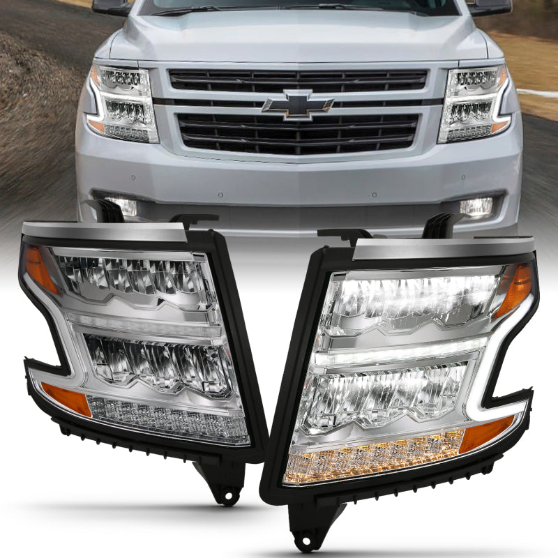 ANZO 15-20 Chevy Tahoe/Suburban LED Light Bar Style Headlights w/Sequential Chrome w/Amber - eliteracefab.com