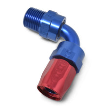 Load image into Gallery viewer, Russell Performance -10 AN Red/Blue 90 Deg Full Flow Swivel Pipe Thread Hose End (With 3/8in NPT)