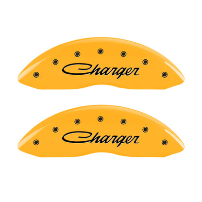 MGP 4 Caliper Covers Engraved Front & Rear Cursive/Charger Yellow finish black ch MGP