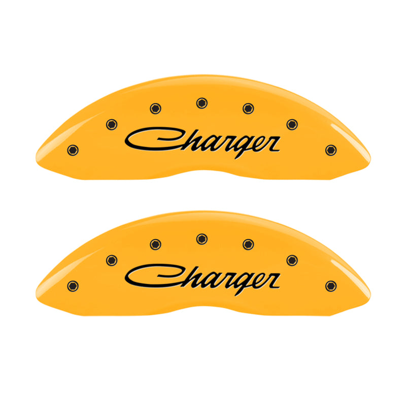 MGP 4 Caliper Covers Engraved Front & Rear Cursive/Charger Yellow finish black ch MGP