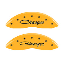 Load image into Gallery viewer, MGP 4 Caliper Covers Engraved Front &amp; Rear Cursive/Charger Yellow finish black ch MGP