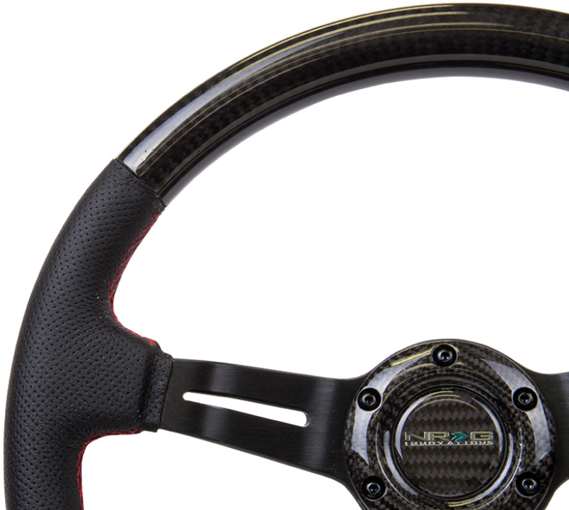 NRG Carbon Fiber Steering Wheel (350mm /1.5in. Deep) Leather Trim w/Red Stitch & Slit Cutout Spokes - ST-010CFRS