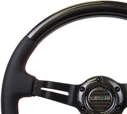 NRG Carbon Fiber Steering Wheel (350mm /1.5in. Deep) Leather Trim w/Red Stitch & Slit Cutout Spokes - ST-010CFRS