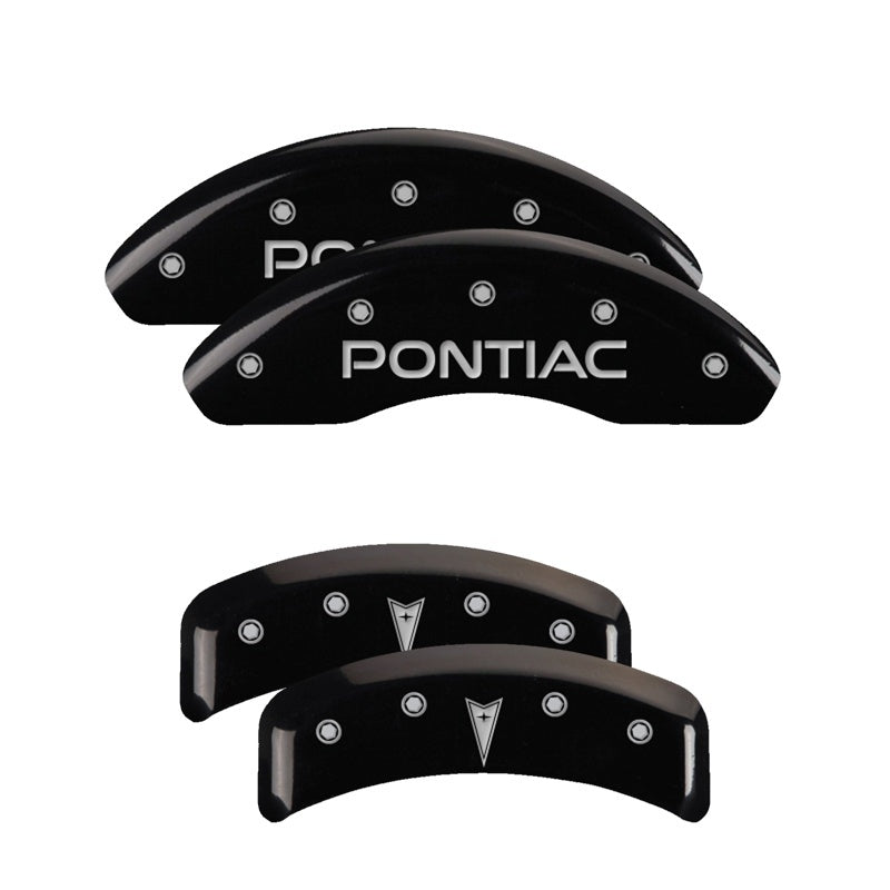 MGP 4 Caliper Covers Engraved Front Pontiac Engraved Rear Arrow Black finish silver ch MGP